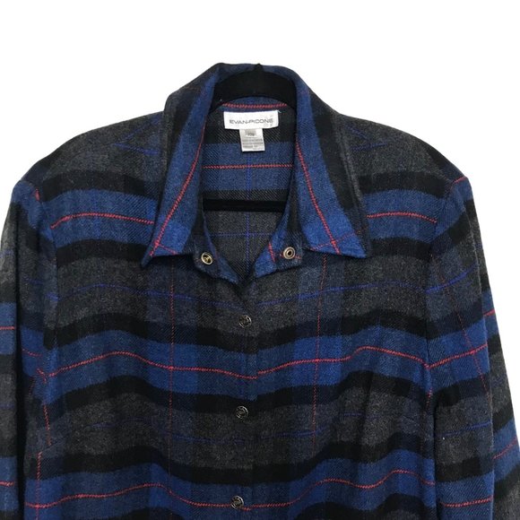 Evan Picone VTG Blue Grey Black Plaid Shirt Jacket 22W Wood Blend Snap Closure - Picture 2 of 8